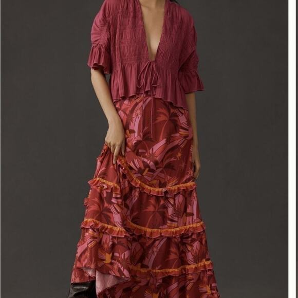 FARM Rio Tiered pink maxi skirt size M pink boho festival hippie concert wedding - Picture 2 of 6